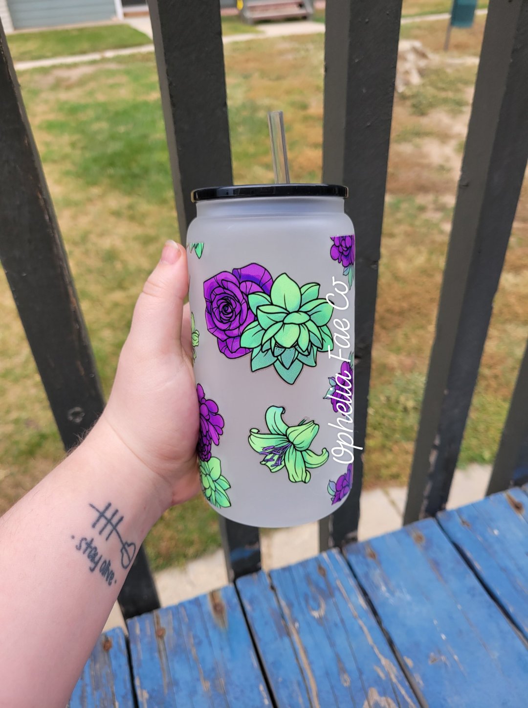 Purple & Green Flowers - 16oz Glass Can