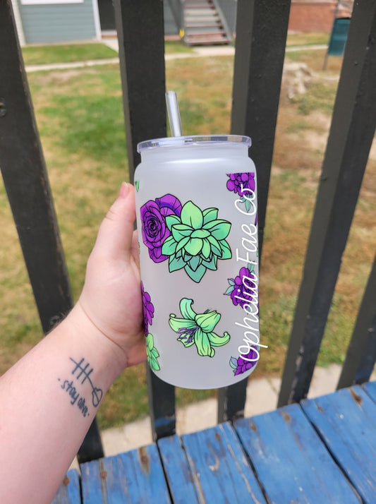 Purple & Green Flowers - 16oz Glass Can