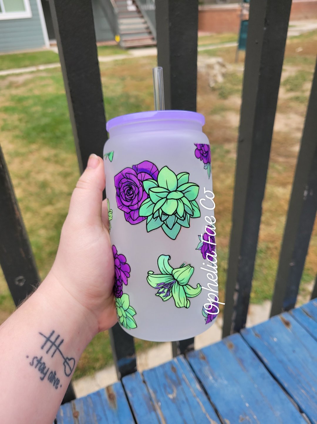 Purple & Green Flowers - 16oz Glass Can